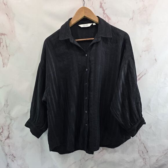& Other Stories T Shirt Womens Small 4 Black Button Linen Striped Oversized Boxy - Picture 1 of 12